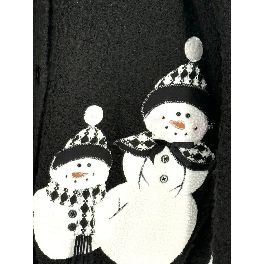 Vintage Black Snowman Cardigan Sweater Button-Up Large 40% Cotton‎ 60% Polyester